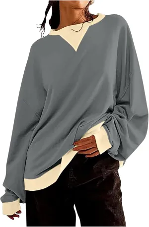 Womens Colorblock Shirt Casual Crew Neck Sweatshirt Fall Long Sleeve Sweatshirt Loose Fitting Tunic Tops Blouse