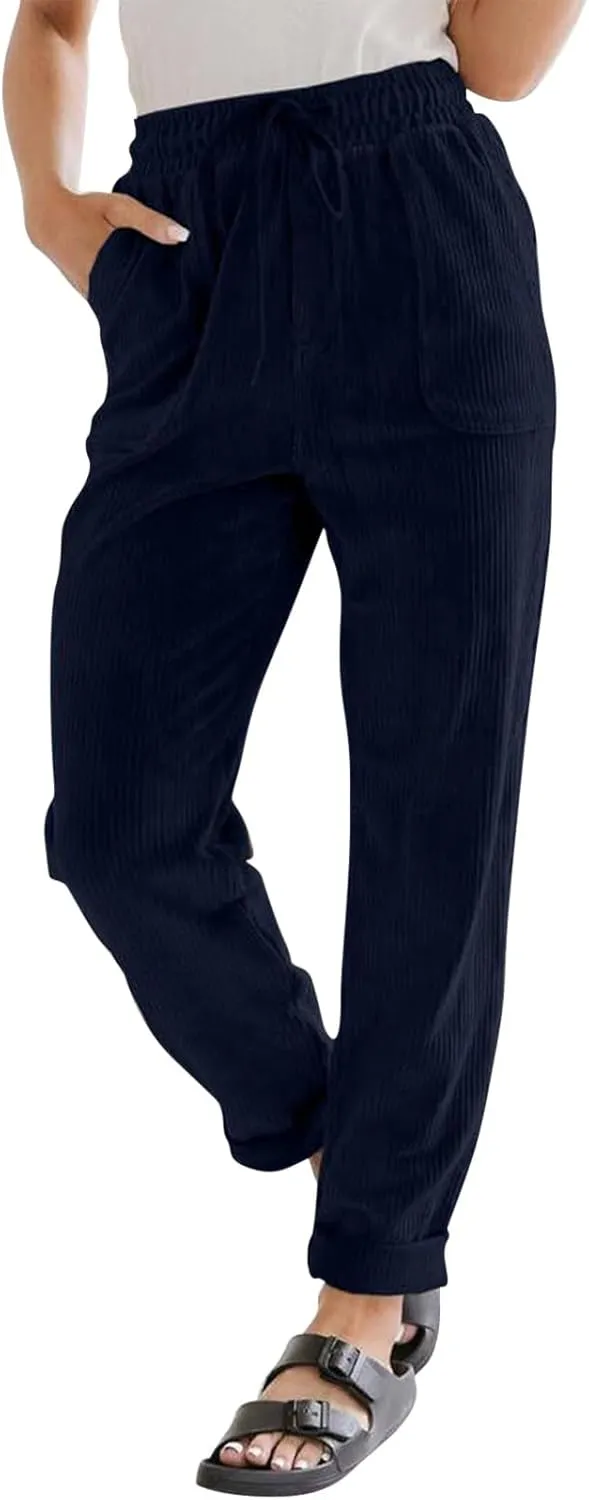 Womens Corduroy Pants Straight Leg Trouser Pants Elastic Waist Relaxed Fit Comfy Casual Work Pants with Pockets