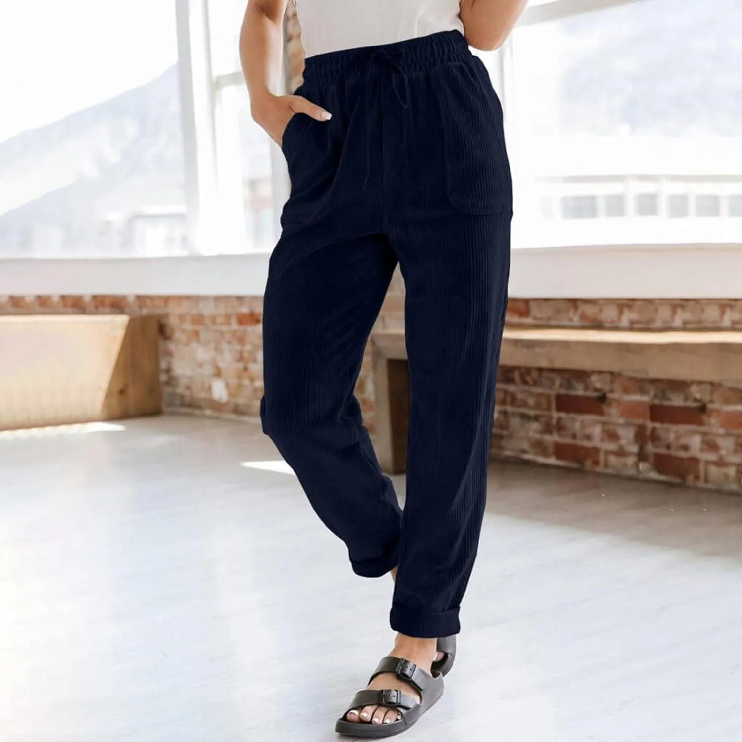 Womens Corduroy Pants Straight Leg Trouser Pants Elastic Waist Relaxed Fit Comfy Casual Work Pants with Pockets