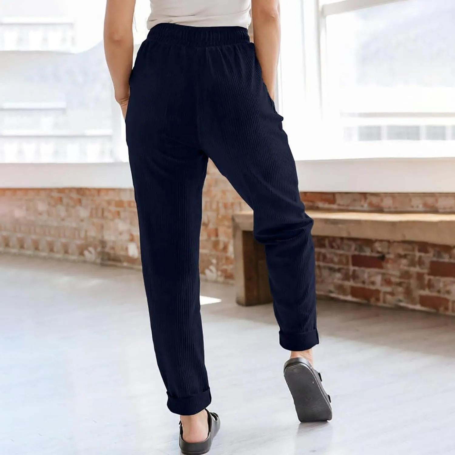 Womens Corduroy Pants Straight Leg Trouser Pants Elastic Waist Relaxed Fit Comfy Casual Work Pants with Pockets
