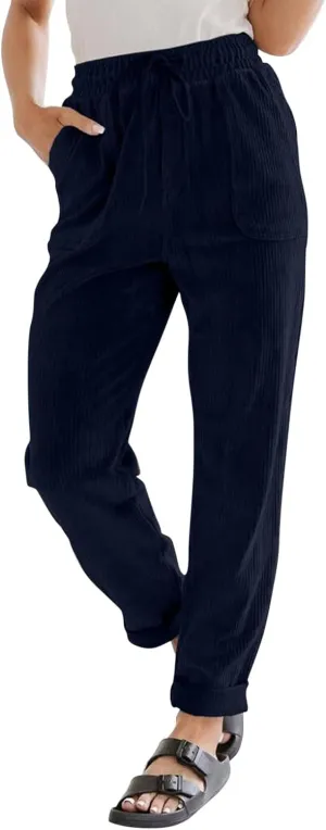 Womens Corduroy Pants Straight Leg Trouser Pants Elastic Waist Relaxed Fit Comfy Casual Work Pants with Pockets