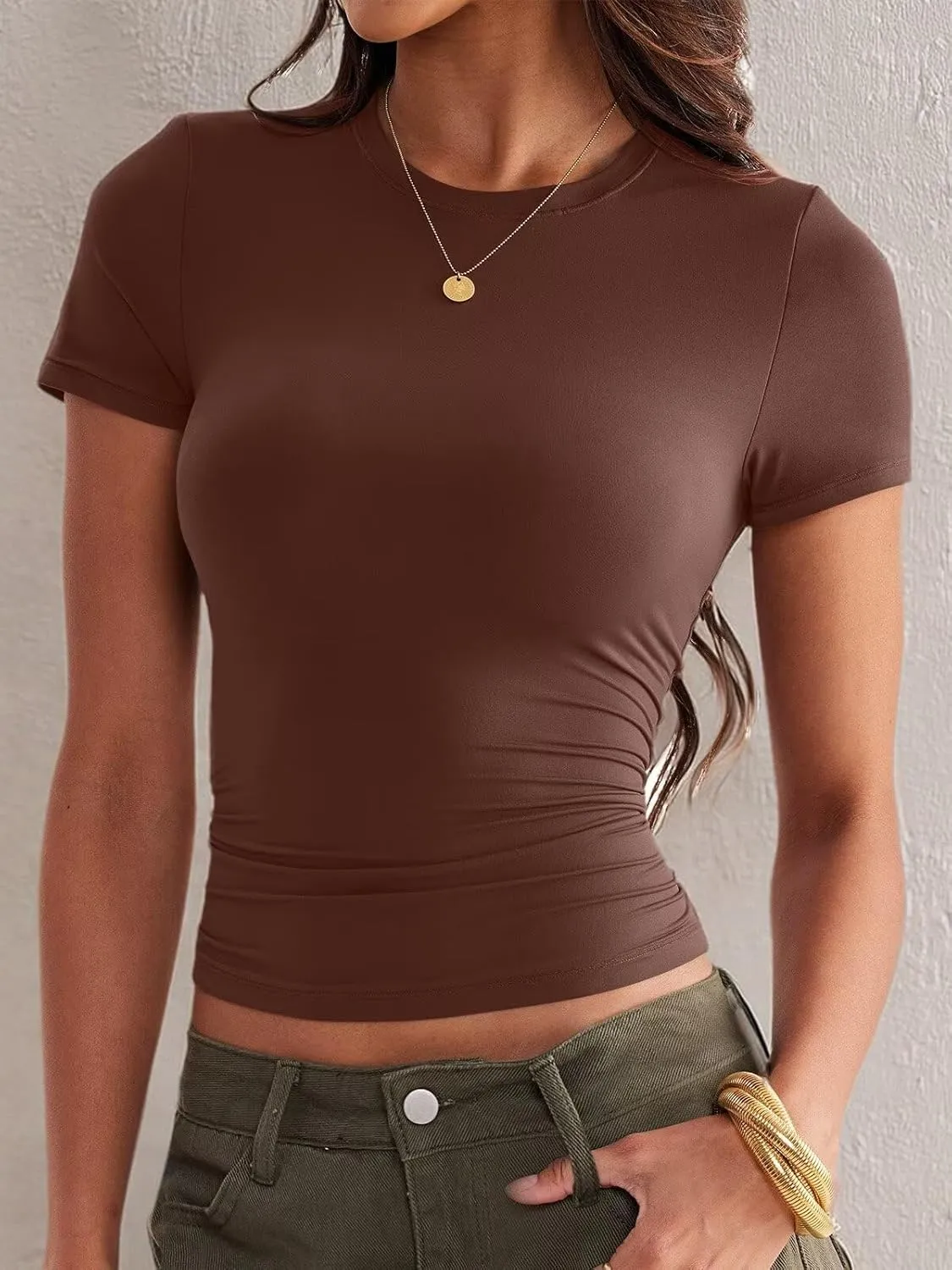 Womens Double Lined Tops Crewneck Short Sleeve Tees Basic Slim Fit T Shirts Y2K Summer Clothes 2025