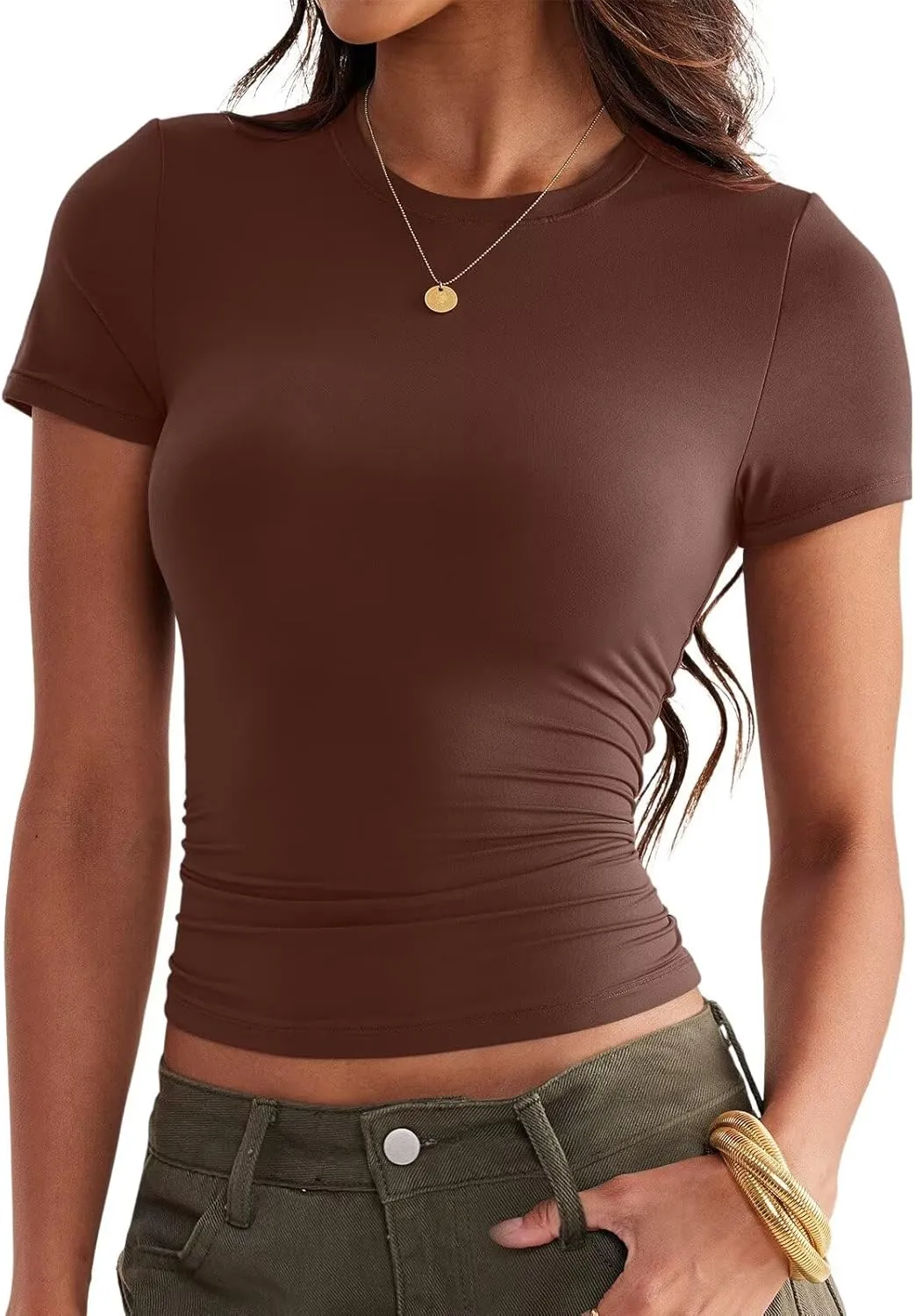 Womens Double Lined Tops Crewneck Short Sleeve Tees Basic Slim Fit T Shirts Y2K Summer Clothes 2025