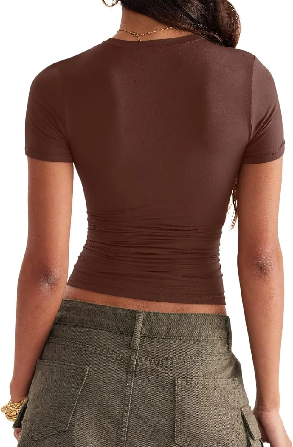 Womens Double Lined Tops Crewneck Short Sleeve Tees Basic Slim Fit T Shirts Y2K Summer Clothes 2025