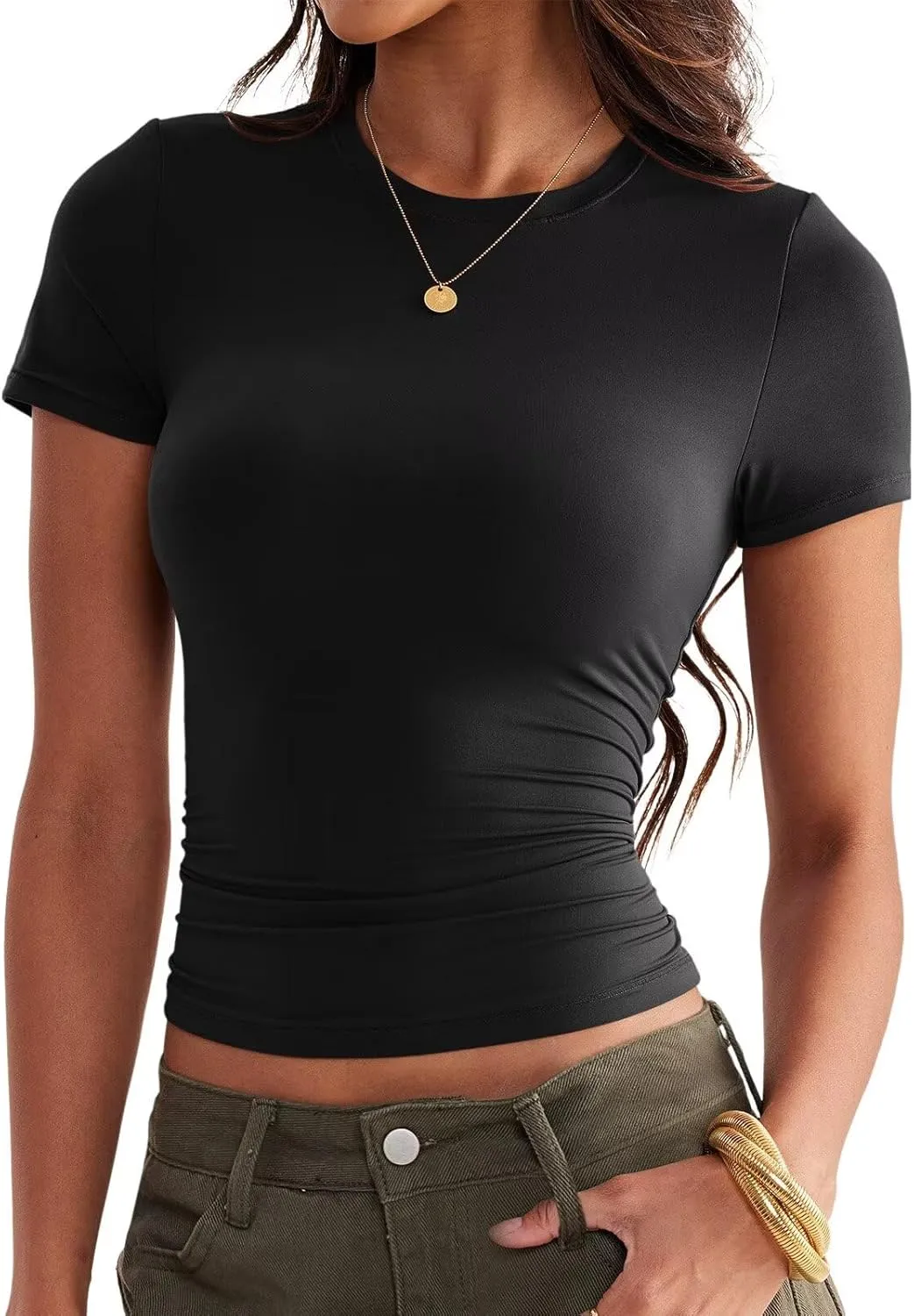 Womens Double Lined Tops Crewneck Short Sleeve Tees Basic Slim Fit T Shirts Y2K Summer Clothes 2025