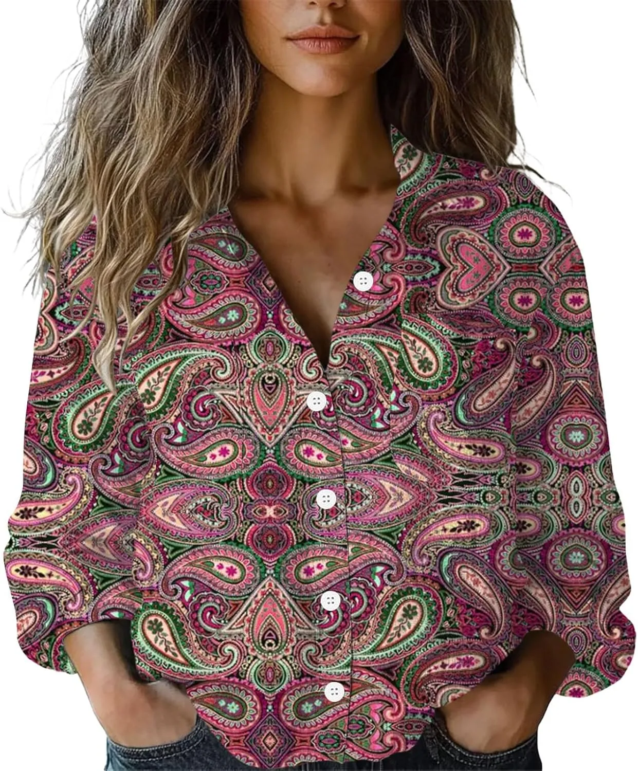 Womens Ethnic Linen Shirts Floral Print Long Sleeve V Neck Button Down Shirt Vintage Boho Blouses Gauze Tunic Tops