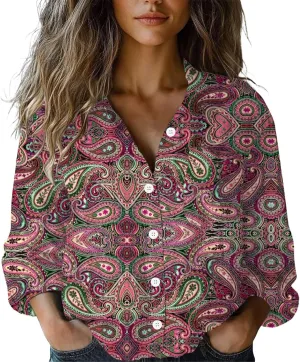 Womens Ethnic Linen Shirts Floral Print Long Sleeve V Neck Button Down Shirt Vintage Boho Blouses Gauze Tunic Tops