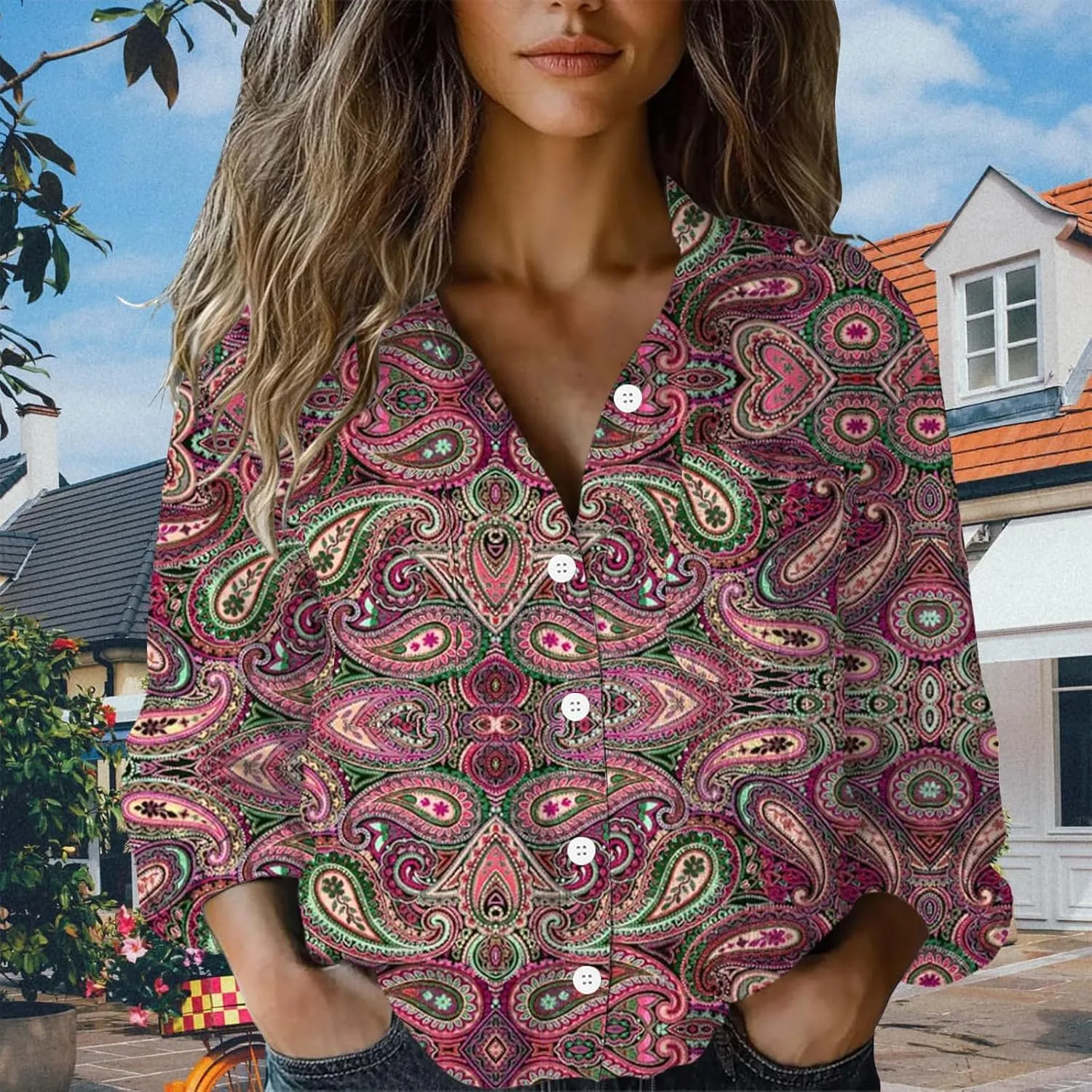 Womens Ethnic Linen Shirts Floral Print Long Sleeve V Neck Button Down Shirt Vintage Boho Blouses Gauze Tunic Tops