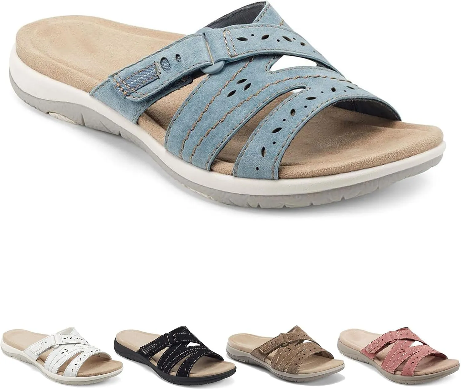 Womens Flat Sandals Comfort Plantar Fasciitis Soft Cushion Slippers With Adjustable Straps Breathable Slip on Comfortable Walking Shoe Summer Arch Support Orthopedic Sandals