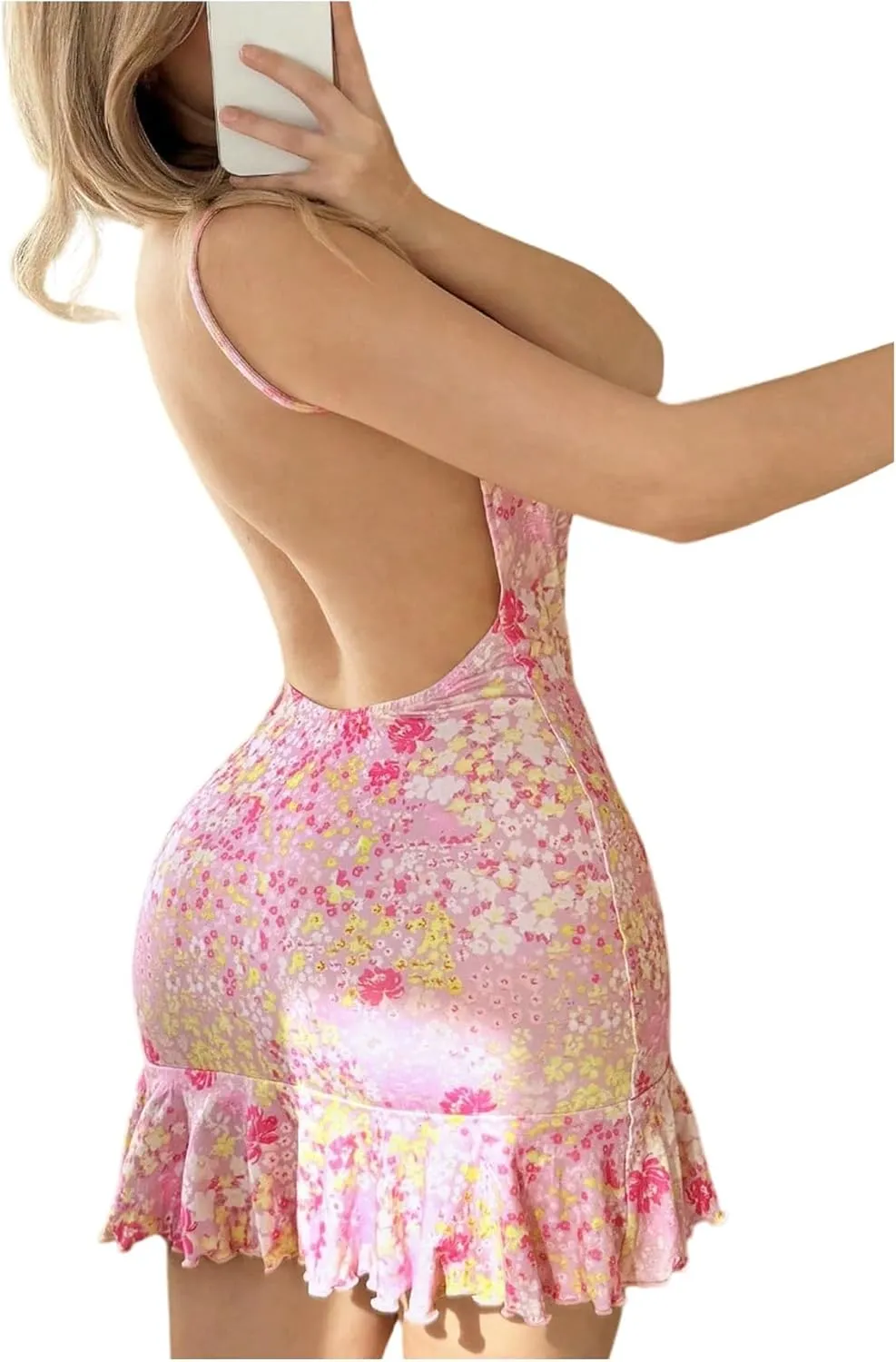 Women's Floral Cami Dress Y2K Open Back Tie Front Spaghetti Strap Summer Mini Dresses