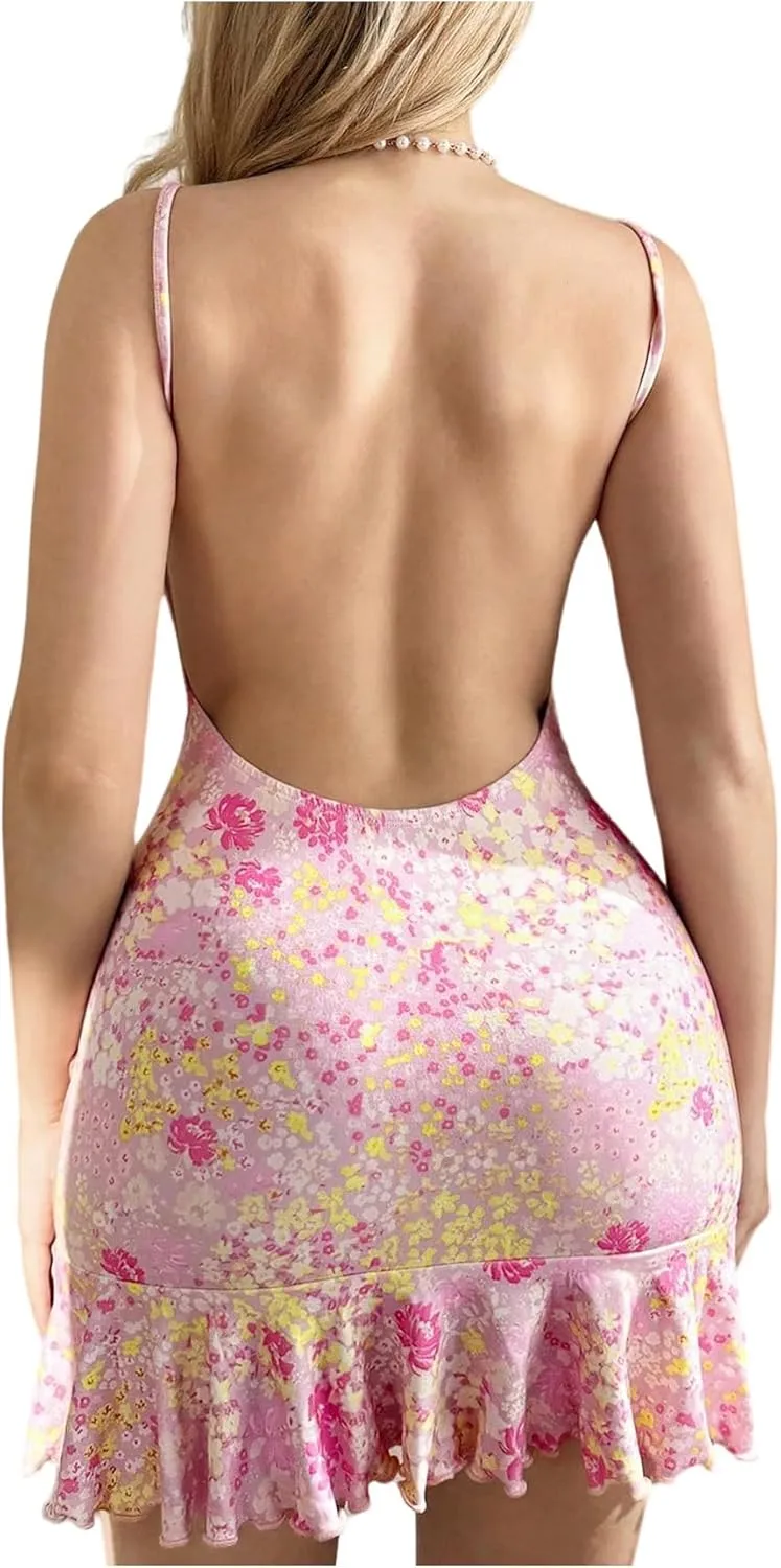 Women's Floral Cami Dress Y2K Open Back Tie Front Spaghetti Strap Summer Mini Dresses