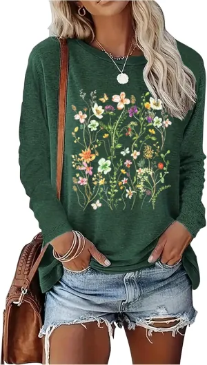 Women's Flowers Plants Graphic Shirts Vintage Casual Boho Floral Tee Shirt Sunflower Wildflowers Long Sleeves Shirt Tops(Floral/Green,XXL)