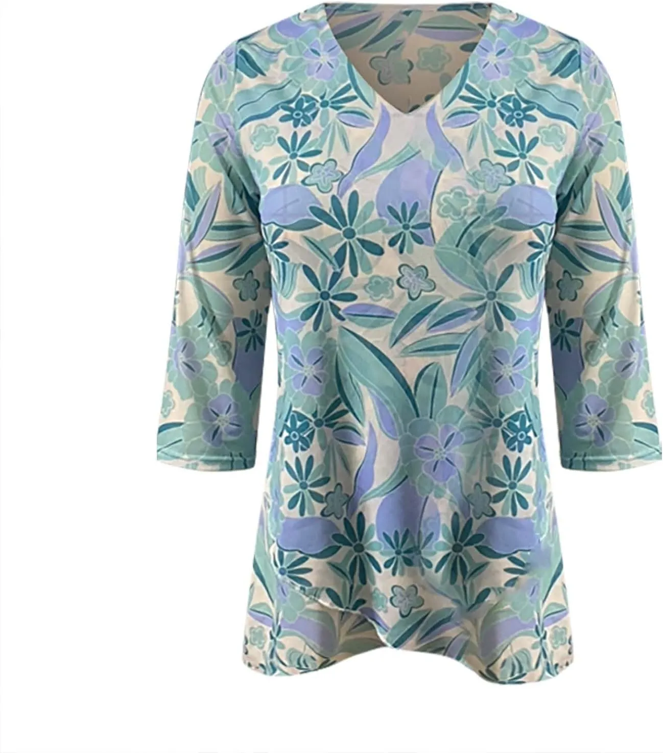 Womens Gauze T Shirts Summer Casual V Neck Long Sleeve Irregular Hem Mesh Sheer Tops Floral Print Boho Holiday Blouse