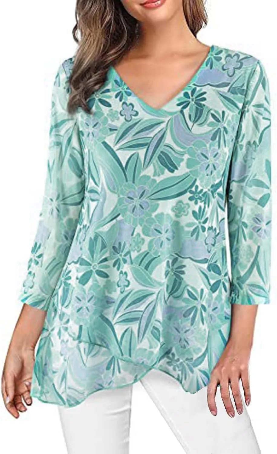 Womens Gauze T Shirts Summer Casual V Neck Long Sleeve Irregular Hem Mesh Sheer Tops Floral Print Boho Holiday Blouse