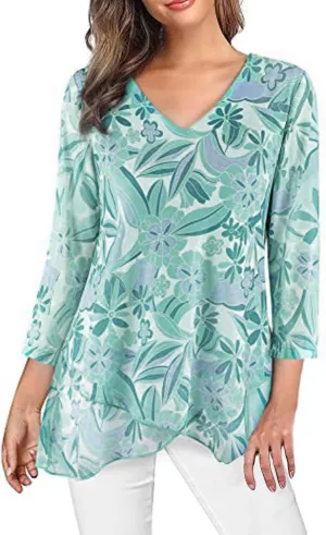 Womens Gauze T Shirts Summer Casual V Neck Long Sleeve Irregular Hem Mesh Sheer Tops Floral Print Boho Holiday Blouse