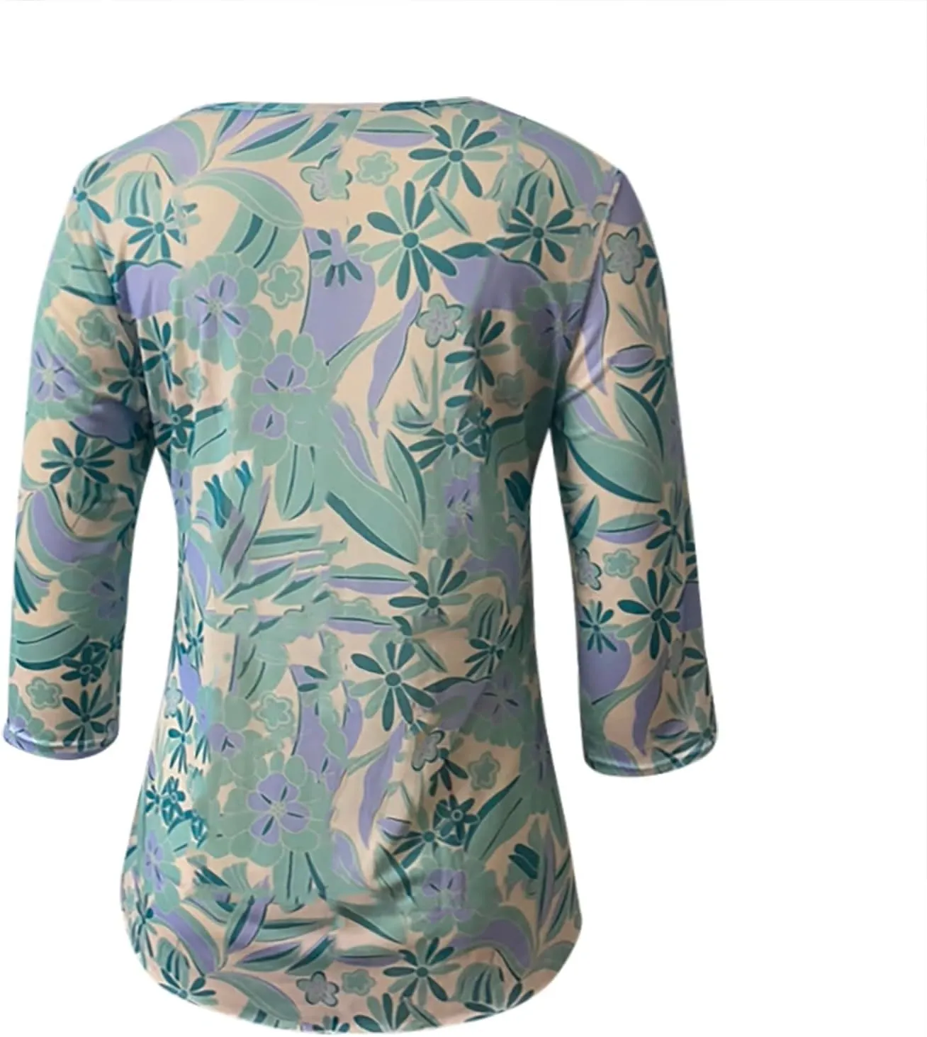 Womens Gauze T Shirts Summer Casual V Neck Long Sleeve Irregular Hem Mesh Sheer Tops Floral Print Boho Holiday Blouse