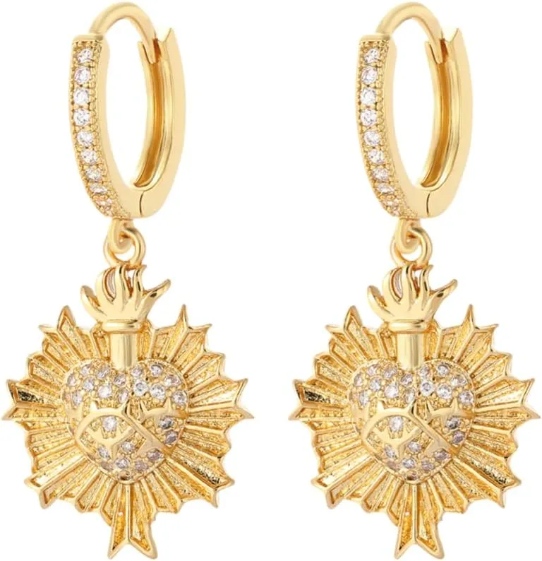 Women's Gold-Plated Pave CZ Huggie Hoop Earrings with Radiant Heart & Flame Dangle Charm - ER22060G1