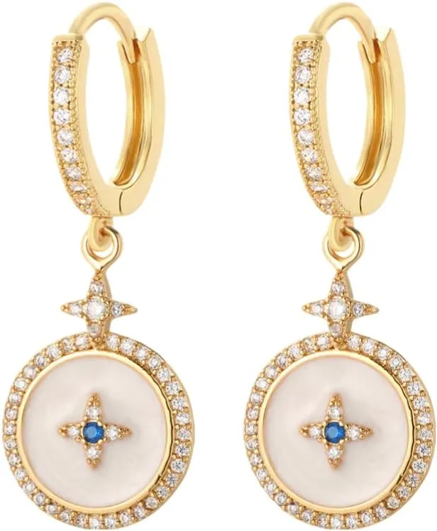Women's Gold-Plated Pave CZ Huggie Hoop Earrings with Radiant Heart & Flame Dangle Charm - ER22060G5