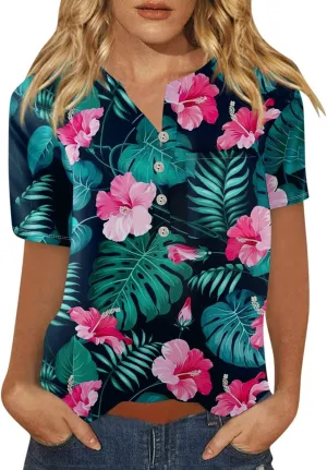 Womens Hawaiian Shirt Palm Trees Beach Graphic Tee Tops Summer Vacation Short Sleeve Tshirt Tops Casual V Neck