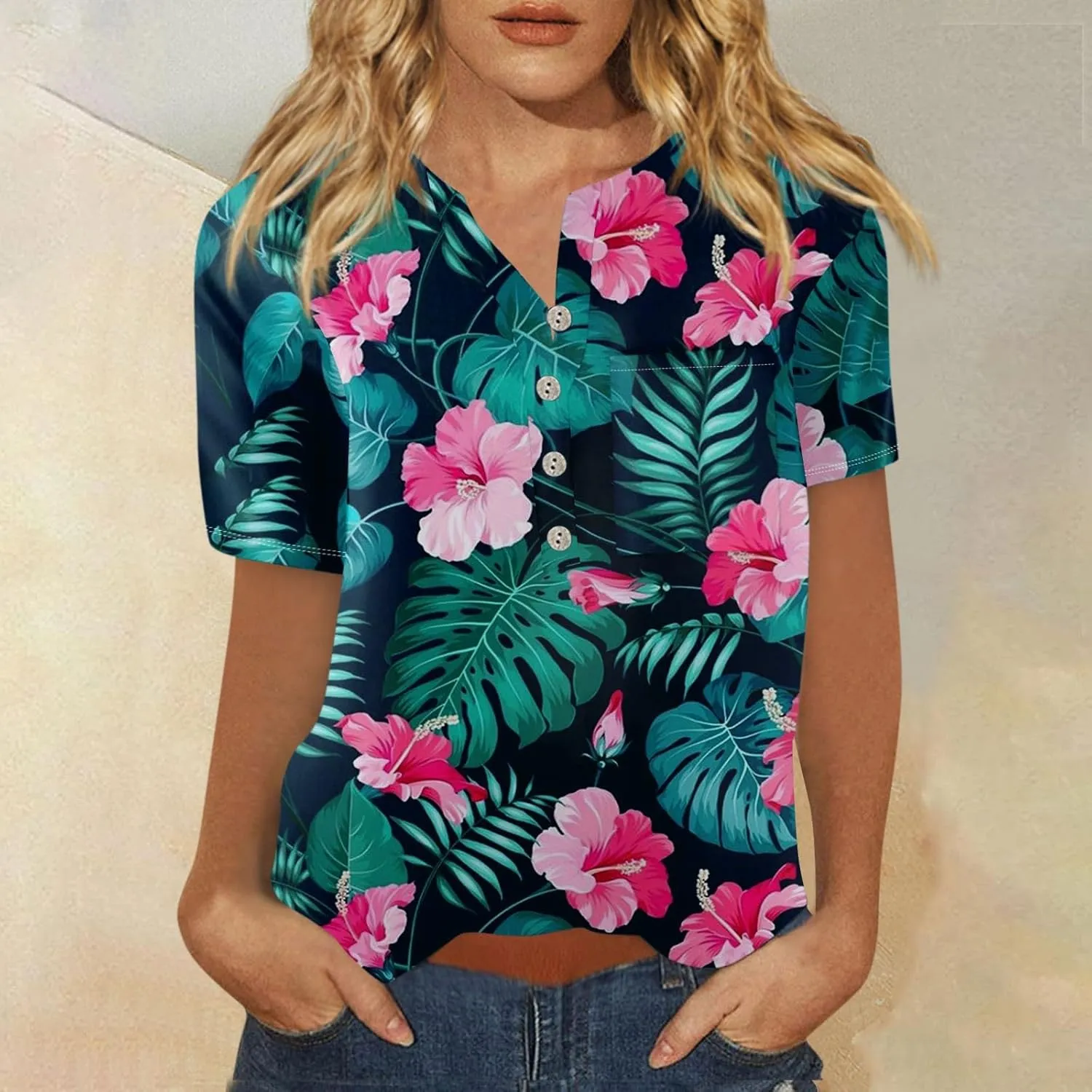 Womens Hawaiian Shirt Palm Trees Beach Graphic Tee Tops Summer Vacation Short Sleeve Tshirt Tops Casual V Neck