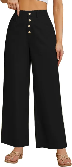 Women's High Waist Pants Wide Leg Baggy Casual Button Down Loose Comfy Lounge Trousers with Pockets