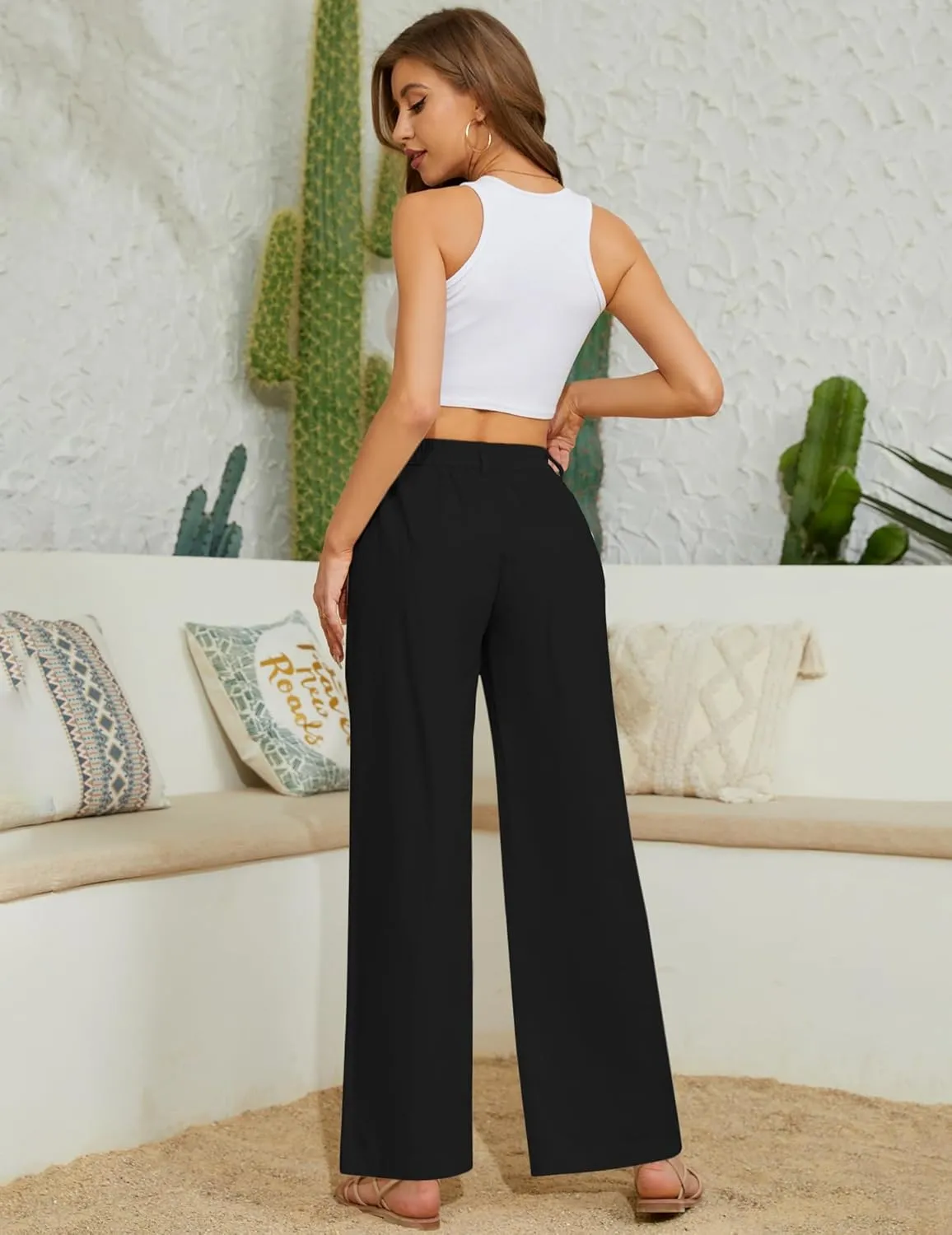 Women's High Waist Pants Wide Leg Baggy Casual Button Down Loose Comfy Lounge Trousers with Pockets