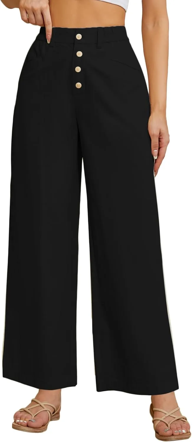 Women's High Waist Pants Wide Leg Baggy Casual Button Down Loose Comfy Lounge Trousers with Pockets