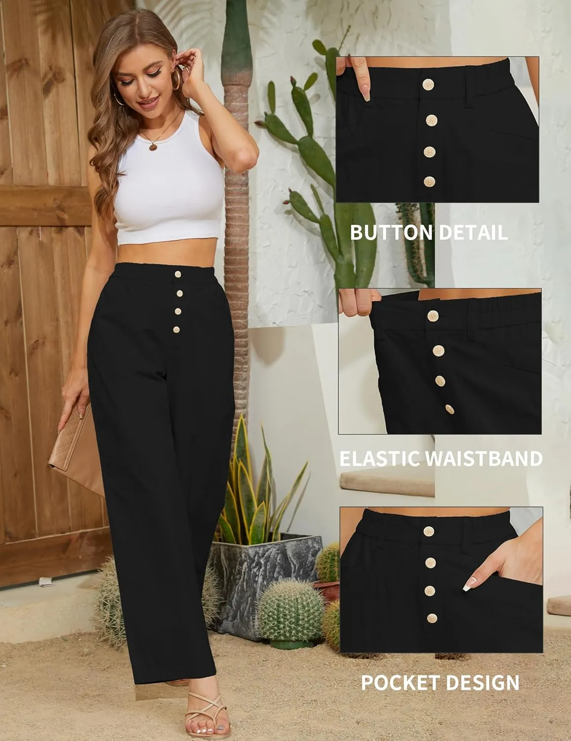 Women's High Waist Pants Wide Leg Baggy Casual Button Down Loose Comfy Lounge Trousers with Pockets