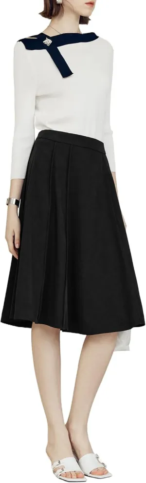 Women's High-Waisted A-Line Pleated Midi Skirt with Pockets
