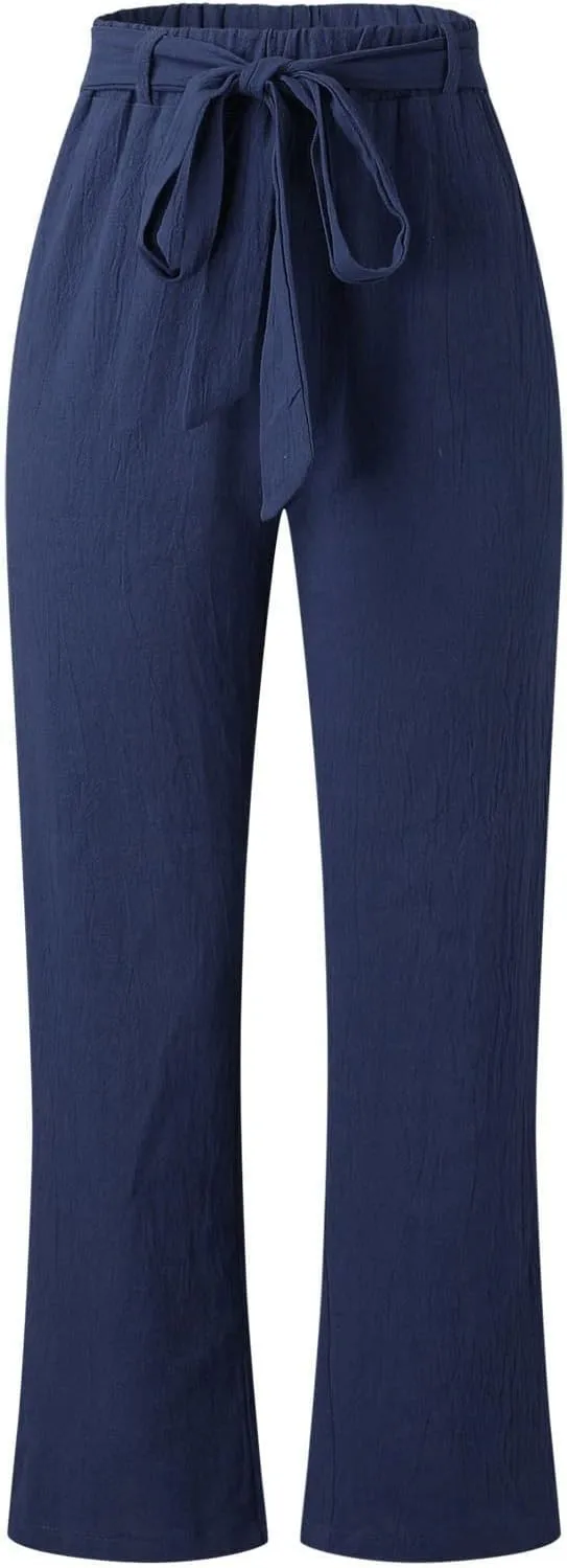 Womens High Waisted Wide Leg Pants Casual Drawstring Elastic Trousers Comfy Straight Leg Long Palazzo Yoga Pants Pockets