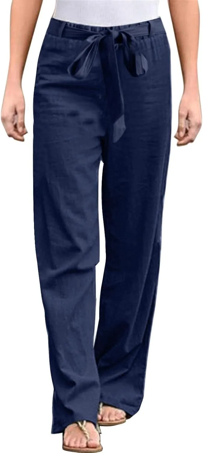 Womens High Waisted Wide Leg Pants Casual Drawstring Elastic Trousers Comfy Straight Leg Long Palazzo Yoga Pants Pockets