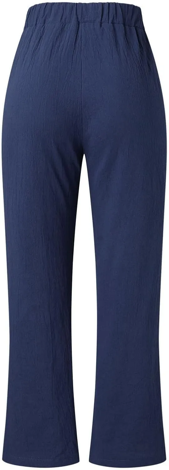 Womens High Waisted Wide Leg Pants Casual Drawstring Elastic Trousers Comfy Straight Leg Long Palazzo Yoga Pants Pockets