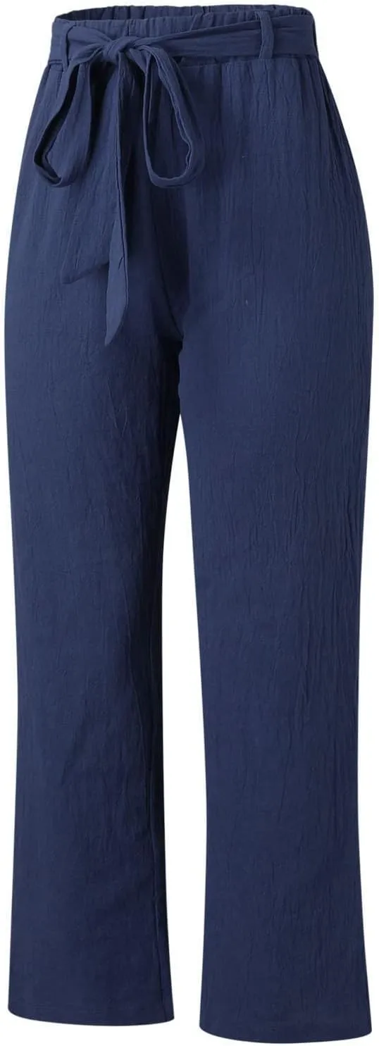 Womens High Waisted Wide Leg Pants Casual Drawstring Elastic Trousers Comfy Straight Leg Long Palazzo Yoga Pants Pockets