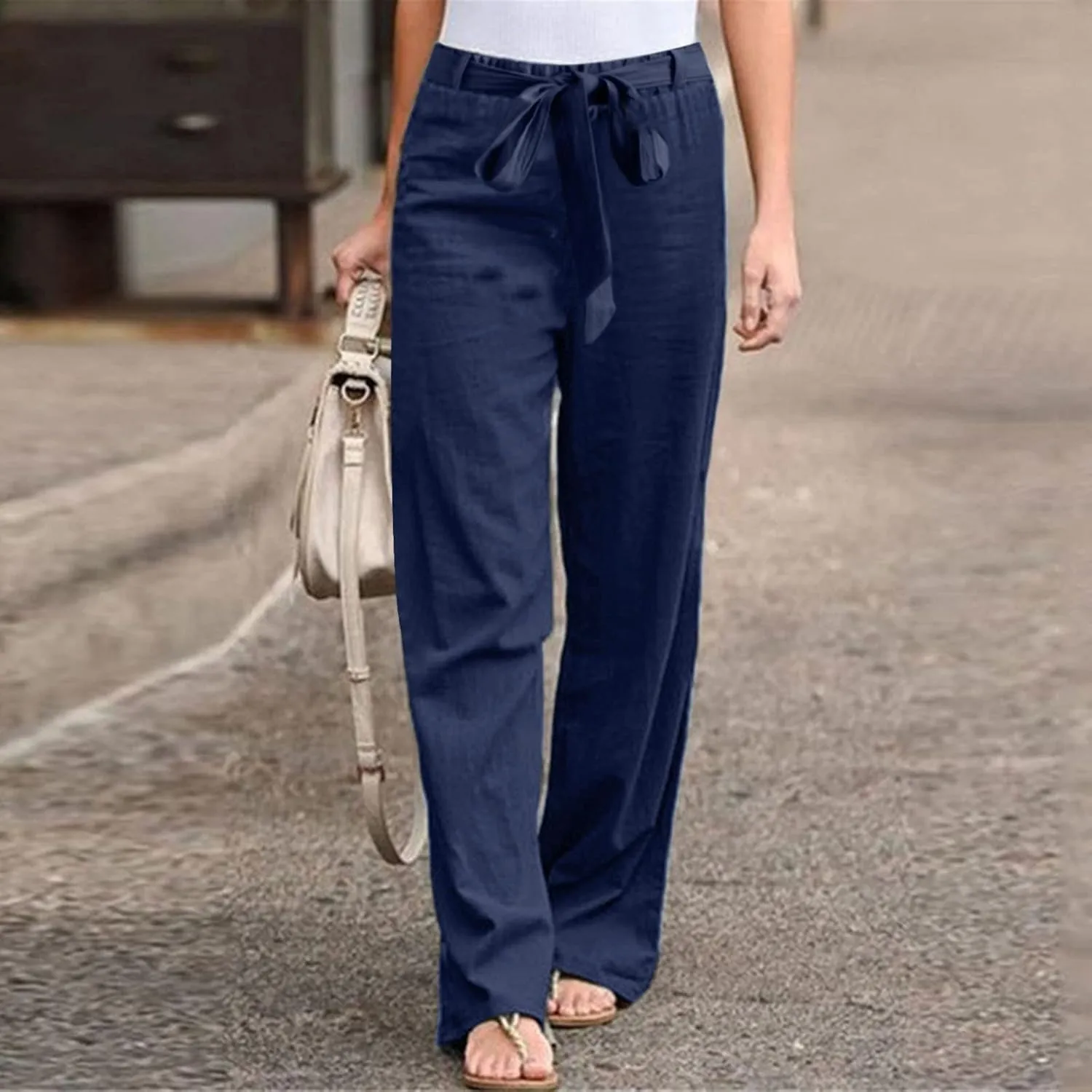 Womens High Waisted Wide Leg Pants Casual Drawstring Elastic Trousers Comfy Straight Leg Long Palazzo Yoga Pants Pockets