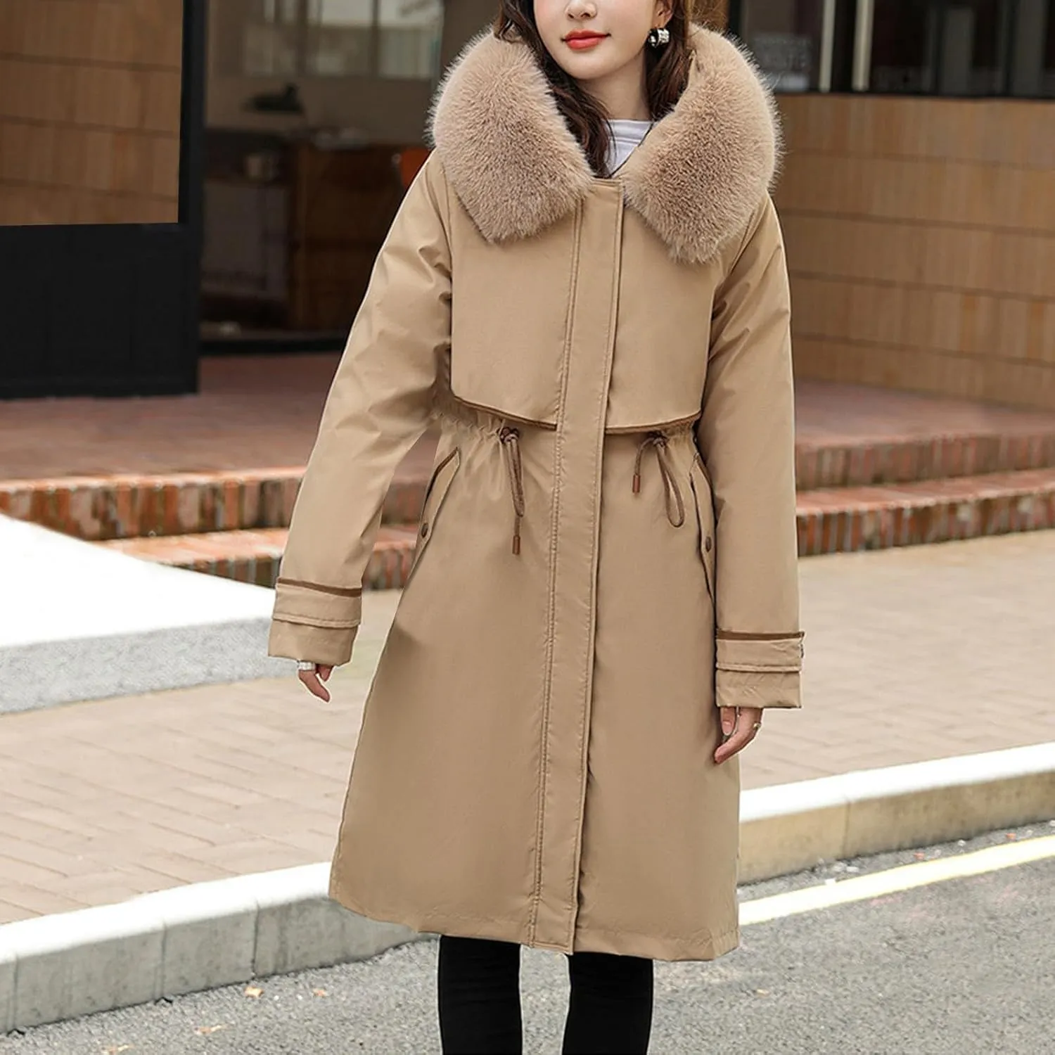 Womens Hooded Parka Puffer Jacket Thicken Cotton Padded Winter Coats Drawstring Long Down Outwear with Faux Fur Trimmed