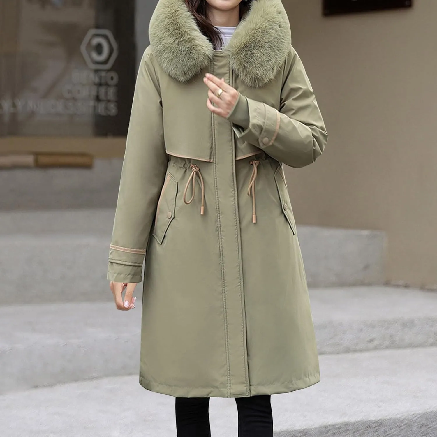 Womens Hooded Parka Puffer Jacket Thicken Cotton Padded Winter Coats Drawstring Long Down Outwear with Faux Fur Trimmed
