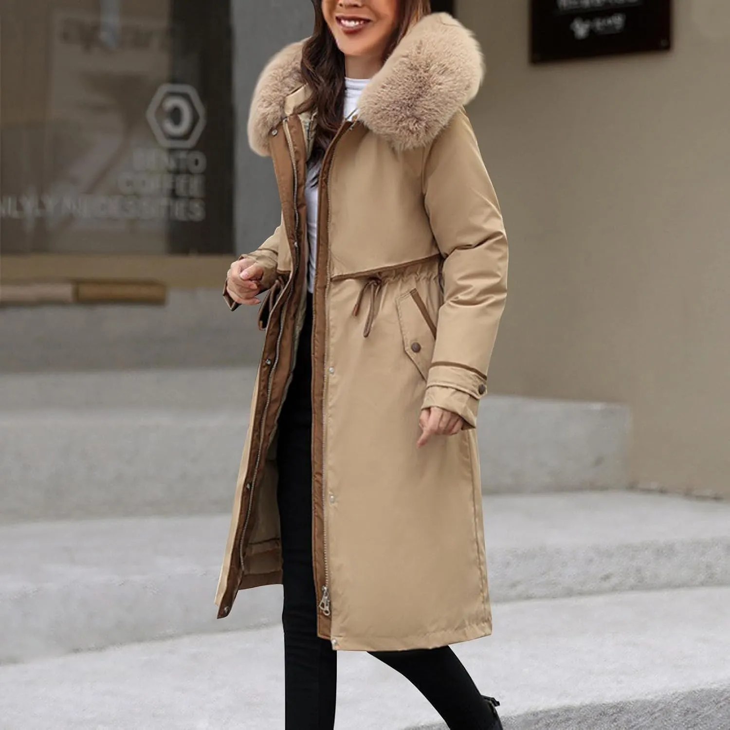 Womens Hooded Parka Puffer Jacket Thicken Cotton Padded Winter Coats Drawstring Long Down Outwear with Faux Fur Trimmed
