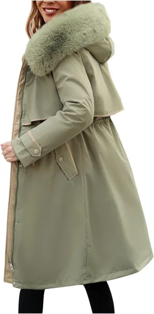 Womens Hooded Parka Puffer Jacket Thicken Cotton Padded Winter Coats Drawstring Long Down Outwear with Faux Fur Trimmed