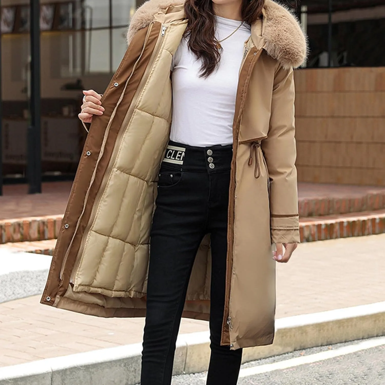 Womens Hooded Parka Puffer Jacket Thicken Cotton Padded Winter Coats Drawstring Long Down Outwear with Faux Fur Trimmed
