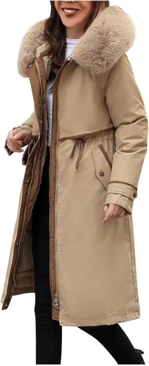 Womens Hooded Parka Puffer Jacket Thicken Cotton Padded Winter Coats Drawstring Long Down Outwear with Faux Fur Trimmed
