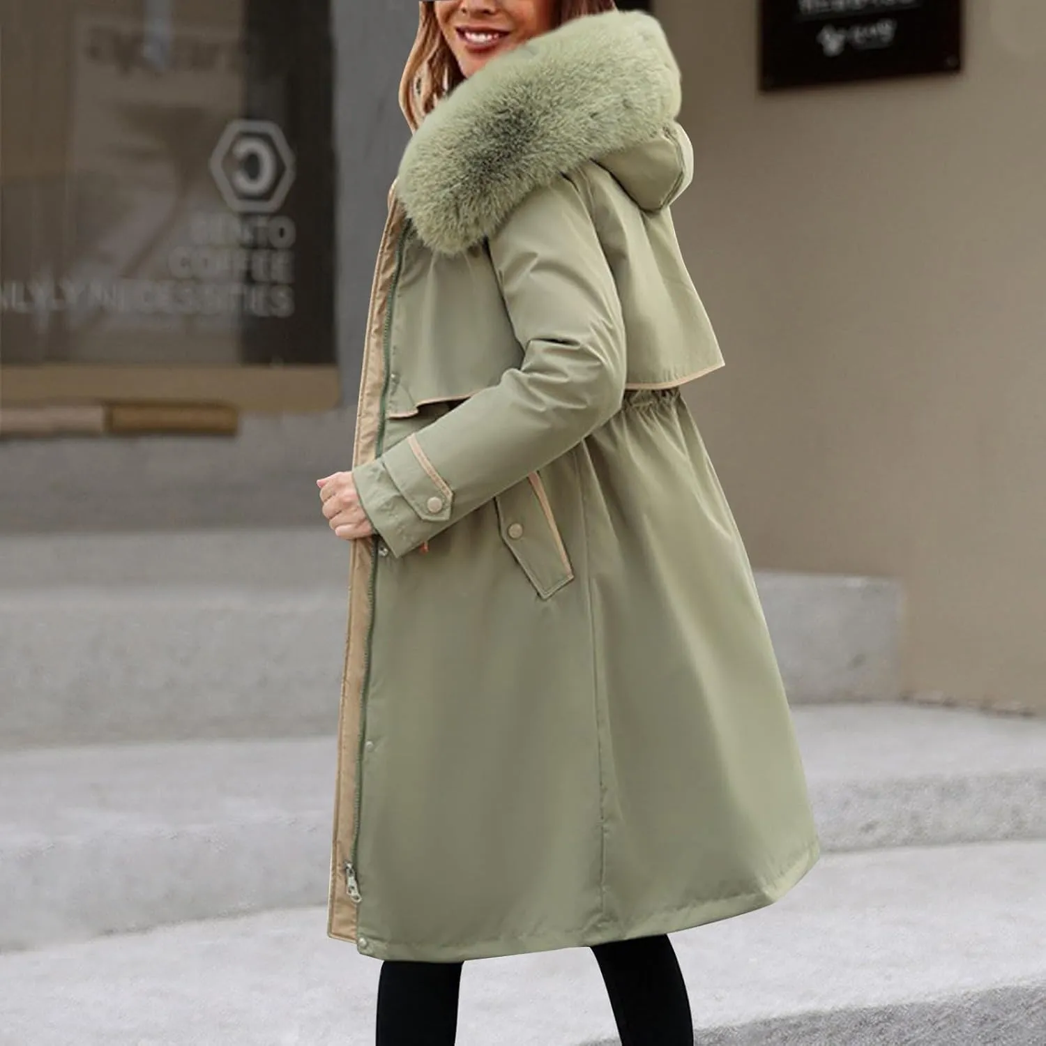 Womens Hooded Parka Puffer Jacket Thicken Cotton Padded Winter Coats Drawstring Long Down Outwear with Faux Fur Trimmed