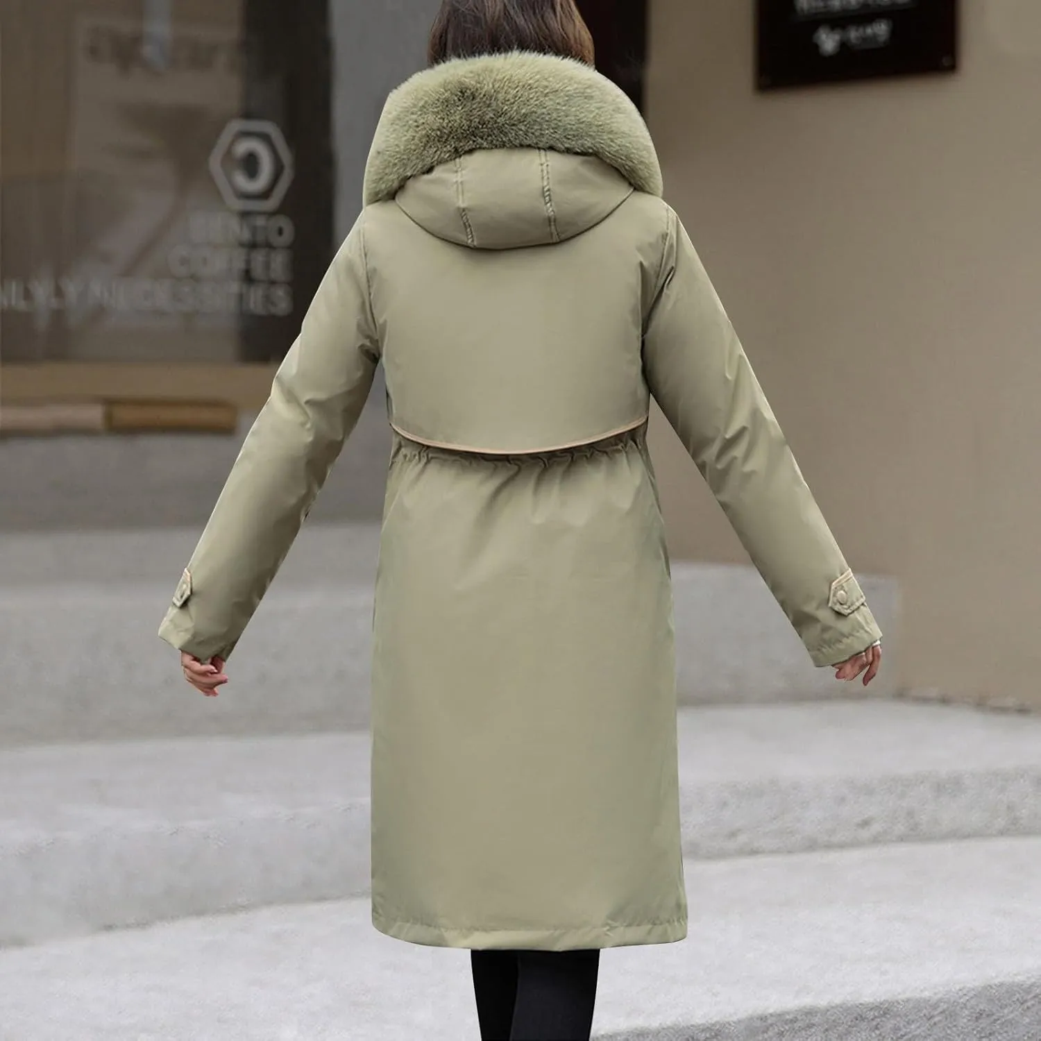 Womens Hooded Parka Puffer Jacket Thicken Cotton Padded Winter Coats Drawstring Long Down Outwear with Faux Fur Trimmed
