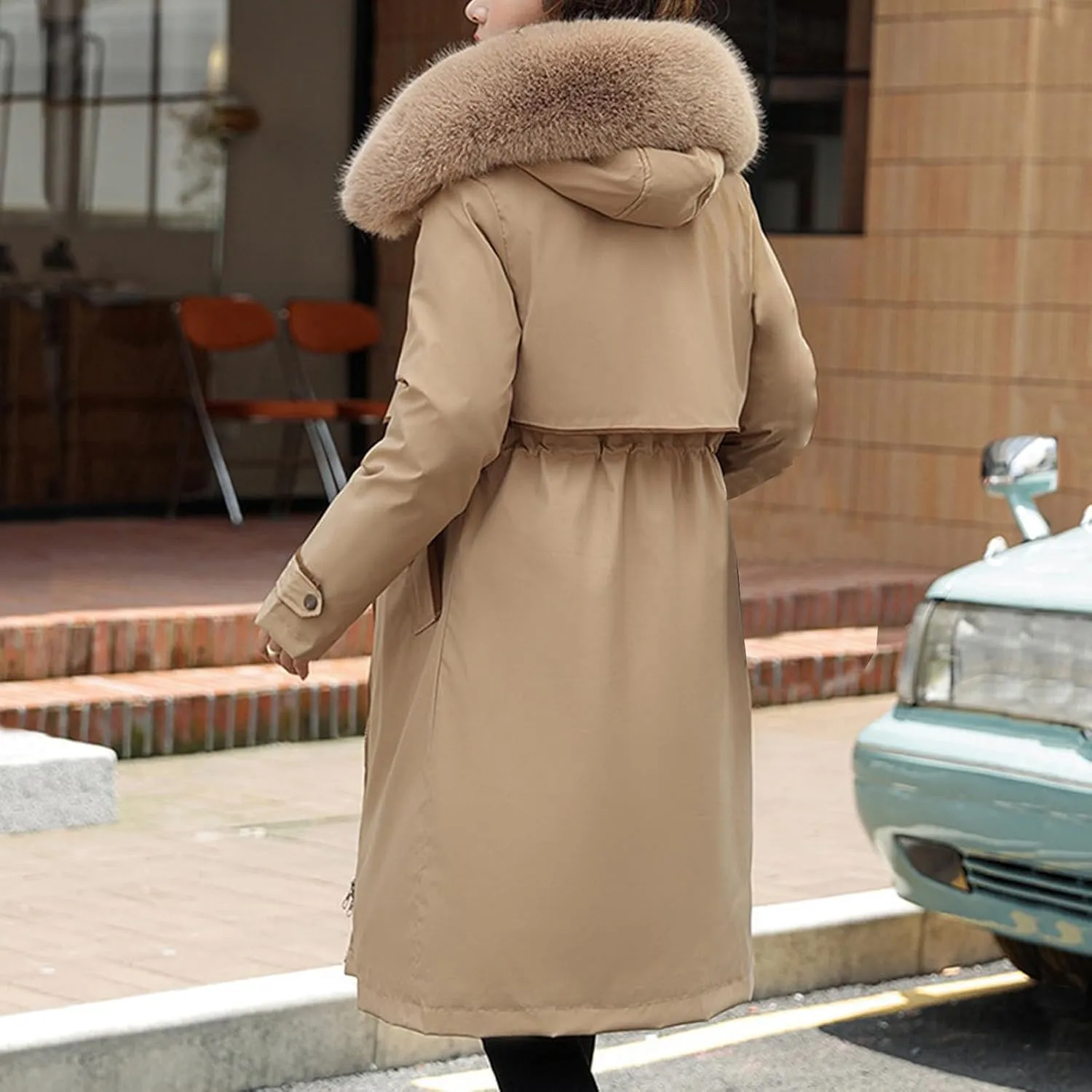 Womens Hooded Parka Puffer Jacket Thicken Cotton Padded Winter Coats Drawstring Long Down Outwear with Faux Fur Trimmed