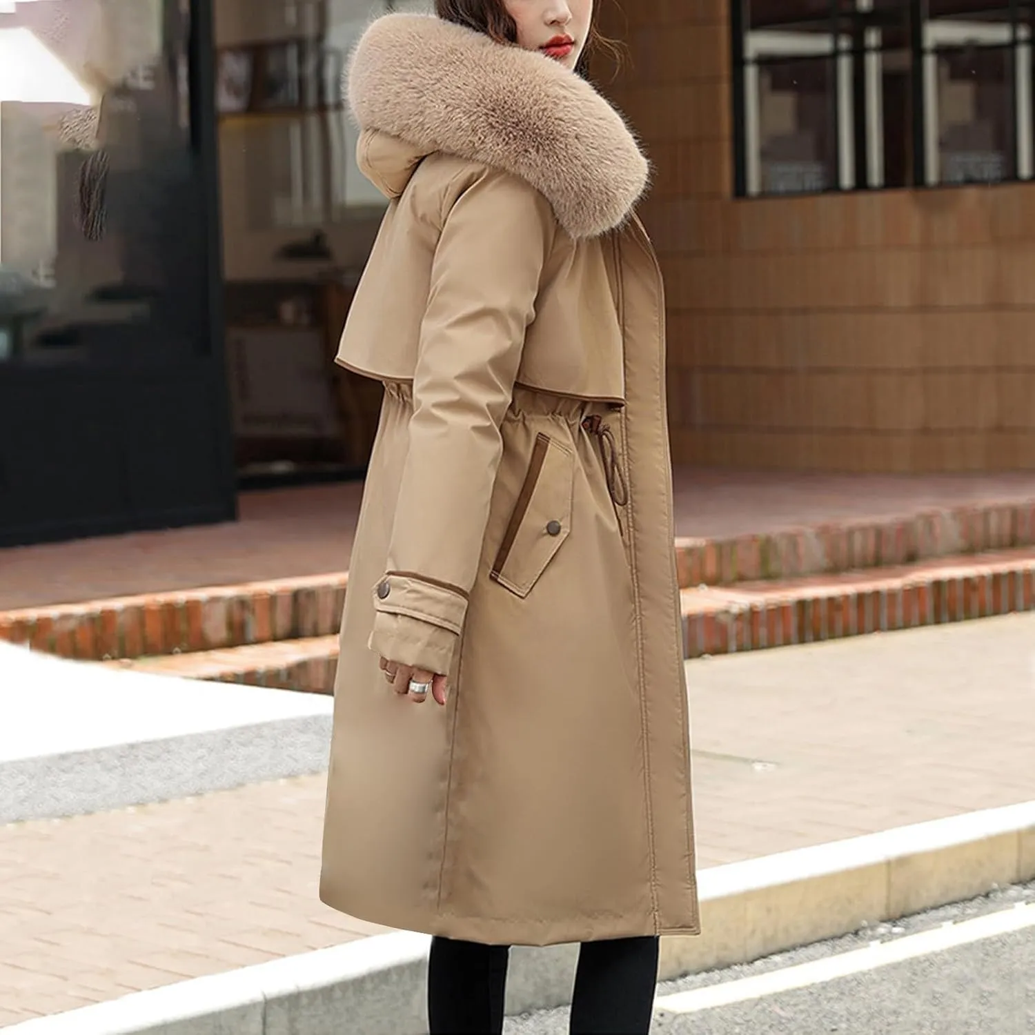 Womens Hooded Parka Puffer Jacket Thicken Cotton Padded Winter Coats Drawstring Long Down Outwear with Faux Fur Trimmed