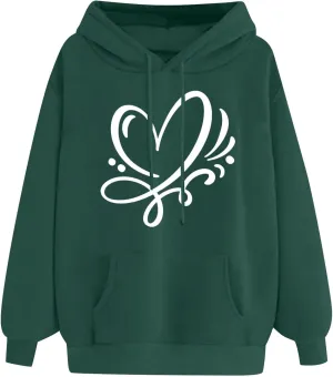 Women's Hoodies Pullover Cute Heart Sweatshirts Casual Long Sleeve Tops Kangaroo Pocket Sweatshirt for Teen Girl