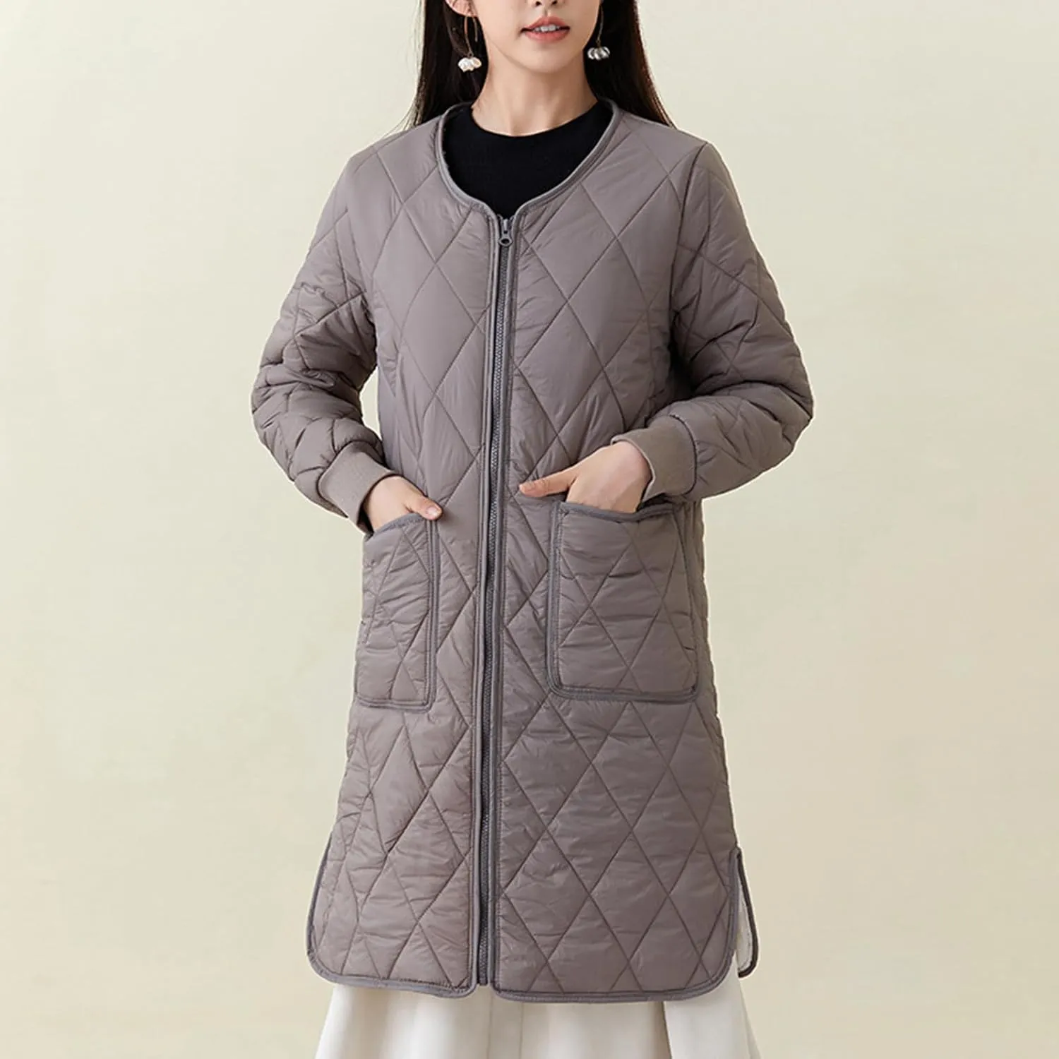 Womens Lightweight Quilted Jacket Winter Warm Fleece Mid-Length Cotton Padded Puffer Coats Collarless Split Hem Outwear