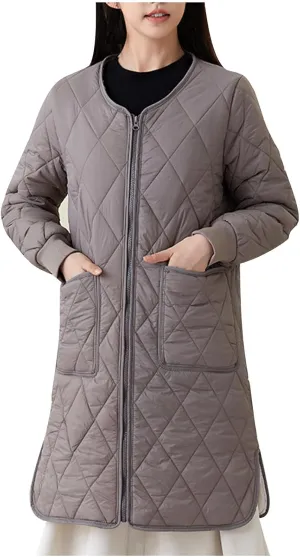 Womens Lightweight Quilted Jacket Winter Warm Fleece Mid-Length Cotton Padded Puffer Coats Collarless Split Hem Outwear