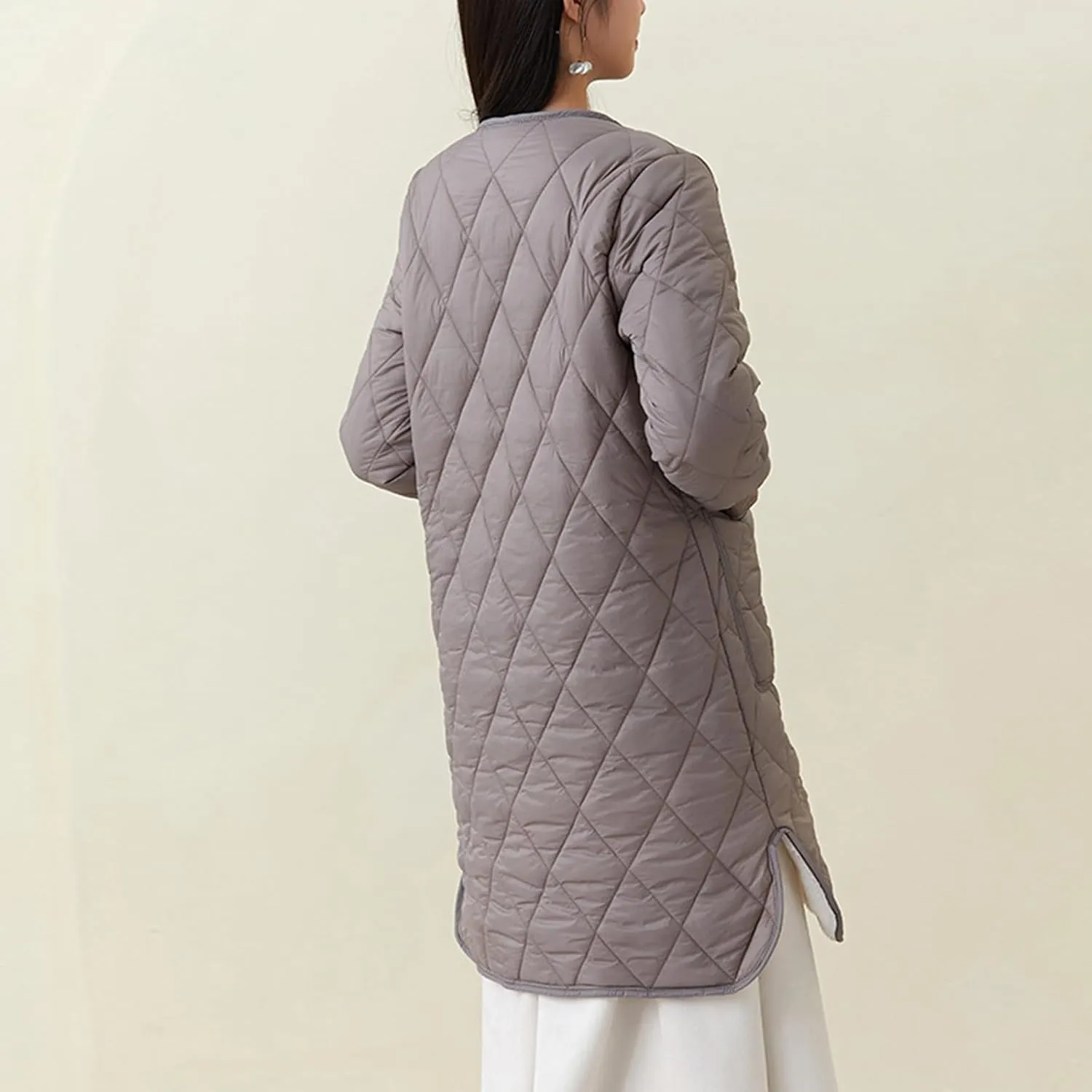 Womens Lightweight Quilted Jacket Winter Warm Fleece Mid-Length Cotton Padded Puffer Coats Collarless Split Hem Outwear