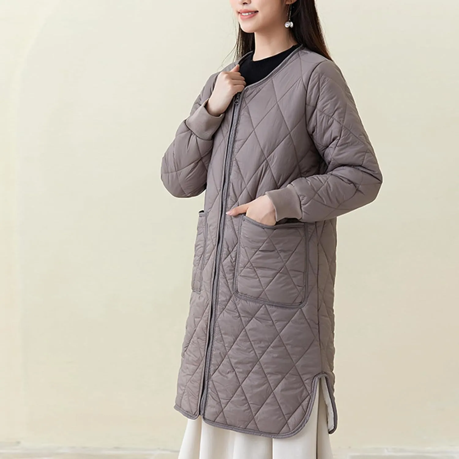 Womens Lightweight Quilted Jacket Winter Warm Fleece Mid-Length Cotton Padded Puffer Coats Collarless Split Hem Outwear