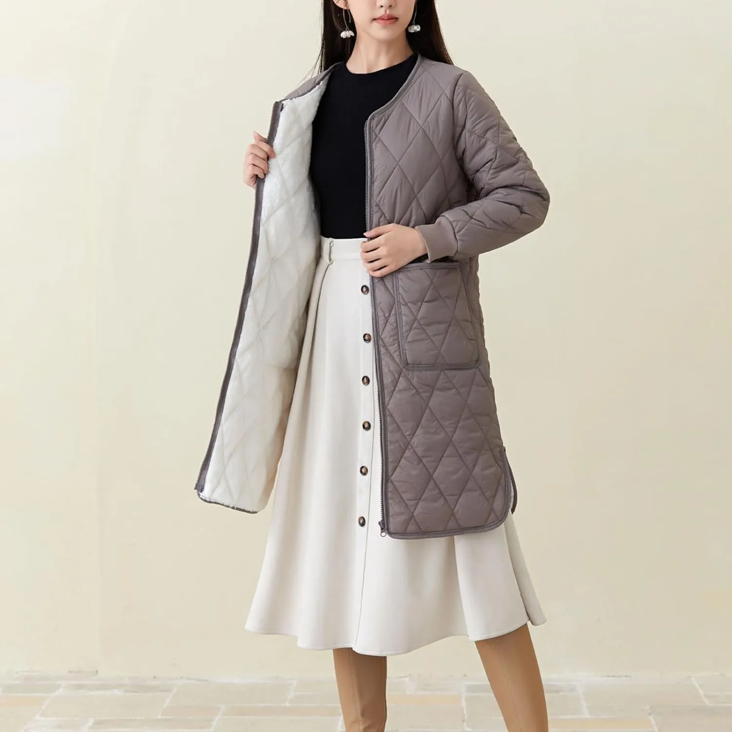 Womens Lightweight Quilted Jacket Winter Warm Fleece Mid-Length Cotton Padded Puffer Coats Collarless Split Hem Outwear